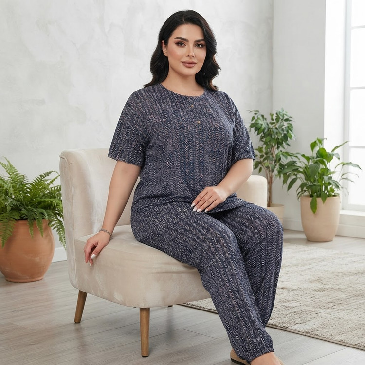 ست تیشرت شلوار زنانه سایز بزرگ راحتی نخ
