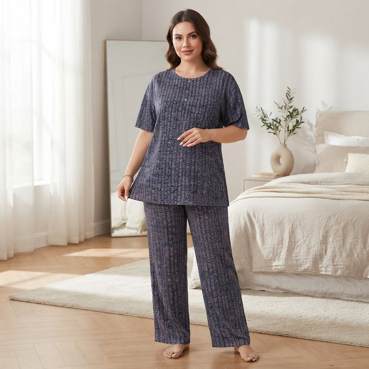 ست تیشرت شلوار زنانه سایز بزرگ راحتی نخ