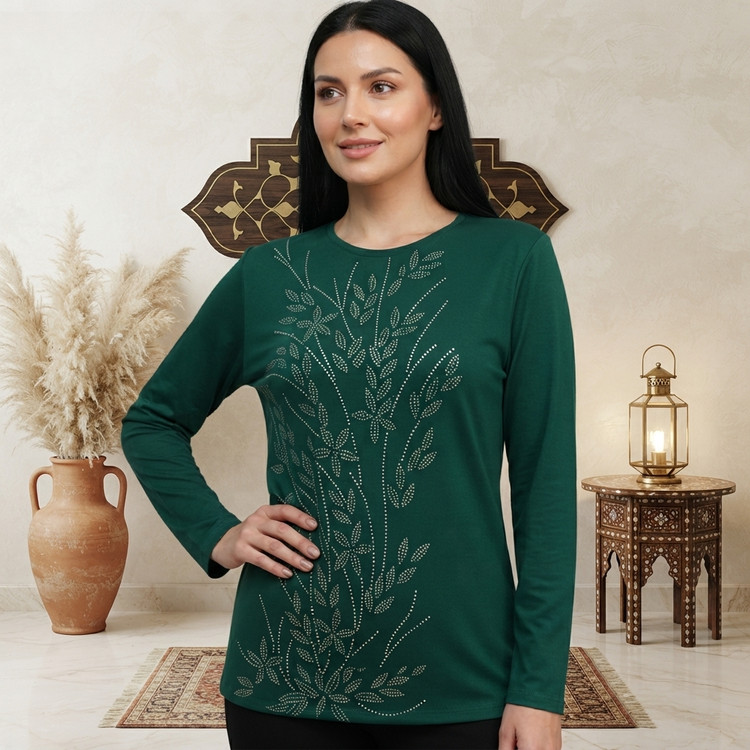 بلوز زنانه و دخترانه ویسکوز نخی نگین دار طرح شاخه گل